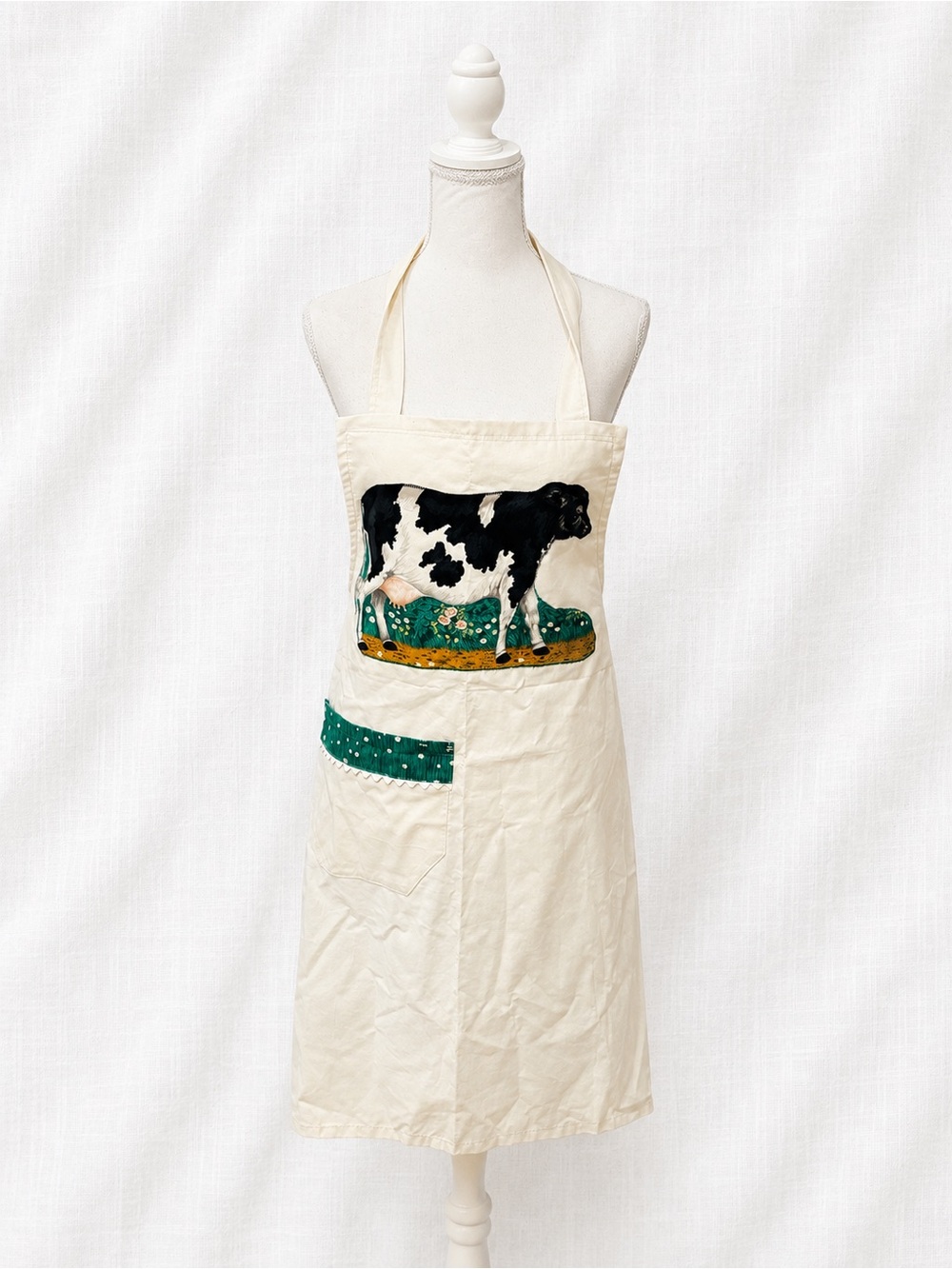 Vintage Cottagecore Cow Apron Cream Farmhouse Kitchen Pocket Apron